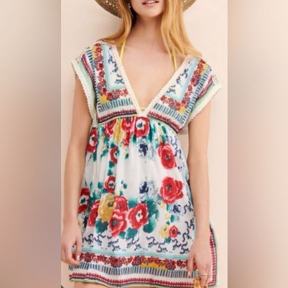 Free People x RAGA Colorful Eyelet Trim Embellished Beach Coverup Mini Dress - Picture 1 of 15